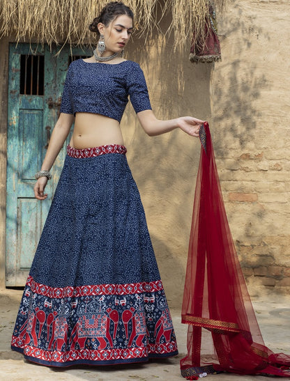 Navy blue art silk printed party wear & ceremonial lehenga choli