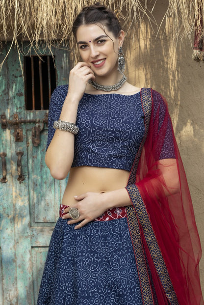 Navy blue art silk printed party wear & ceremonial lehenga choli