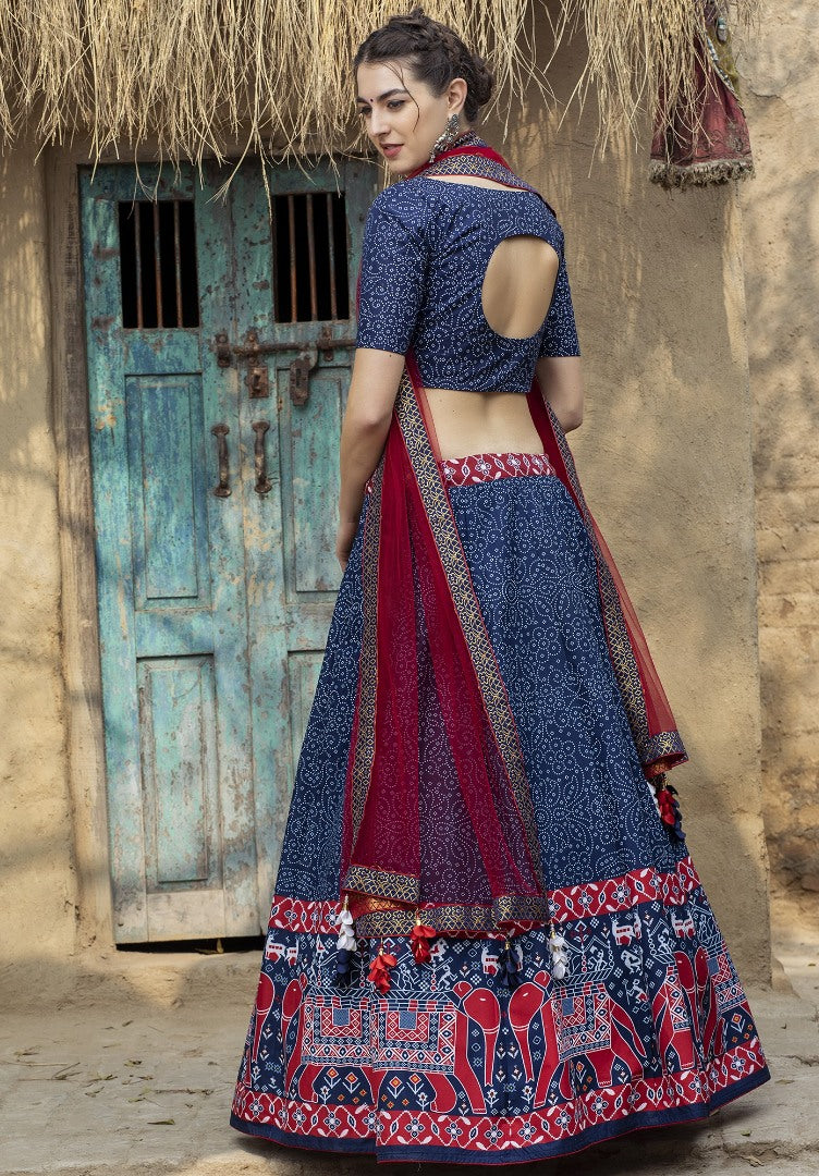 Navy blue art silk printed party wear & ceremonial lehenga choli