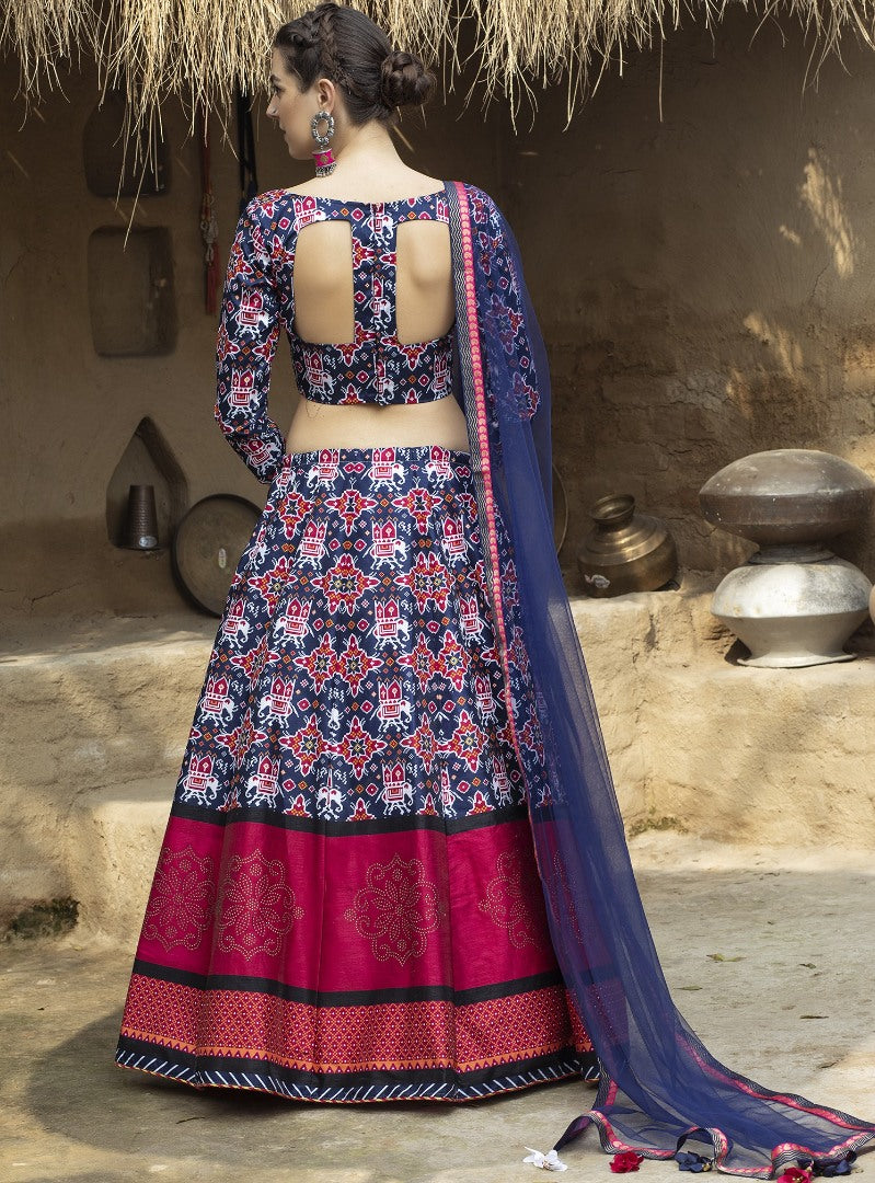 Navy blue art silk printed party wear & ceremonial lehenga choli