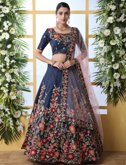 Navy blue art silk sequence thread embroidered bridal lehenga choli