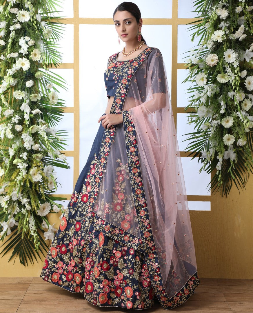 Navy blue art silk sequence thread embroidered bridal lehenga choli