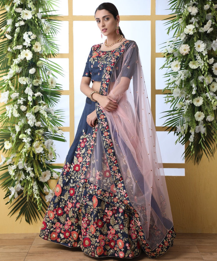 Navy blue art silk sequence thread embroidered bridal lehenga choli