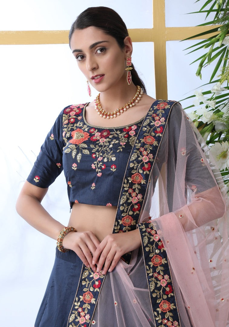 Navy blue art silk sequence thread embroidered bridal lehenga choli