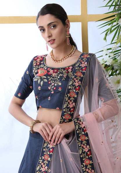 Navy blue art silk sequence thread embroidered bridal lehenga choli