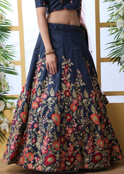 Navy blue art silk sequence thread embroidered bridal lehenga choli