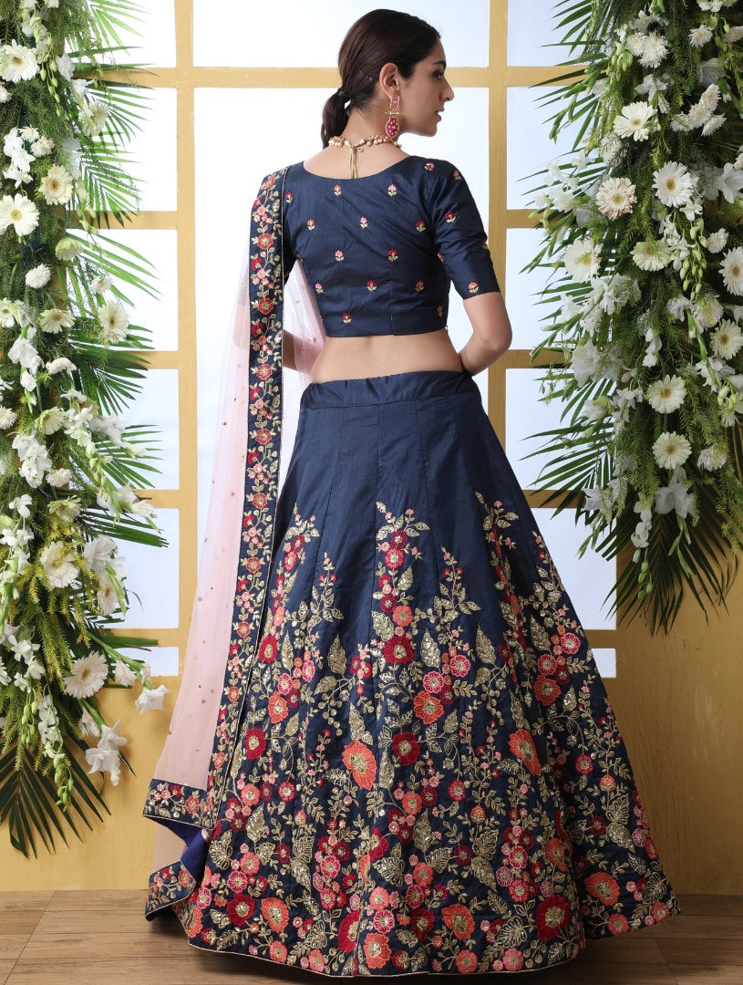 Navy blue art silk sequence thread embroidered bridal lehenga choli