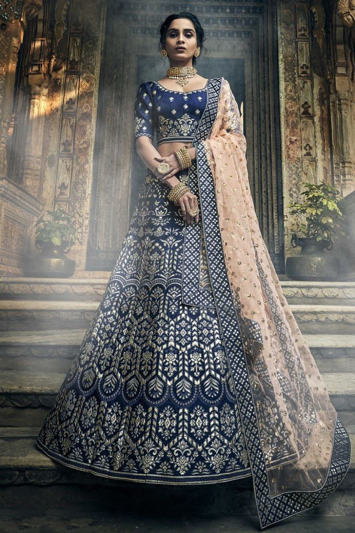 Navy blue art silk thread and zari work bridal lehenga choli