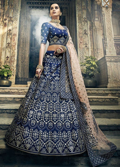 Navy blue art silk thread and zari work bridal lehenga choli