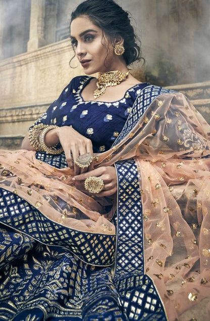 Navy blue art silk thread and zari work bridal lehenga choli
