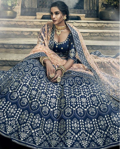 Navy blue art silk thread and zari work bridal lehenga choli