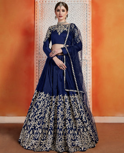 Navy blue art silk zari work bridal lehenga choli