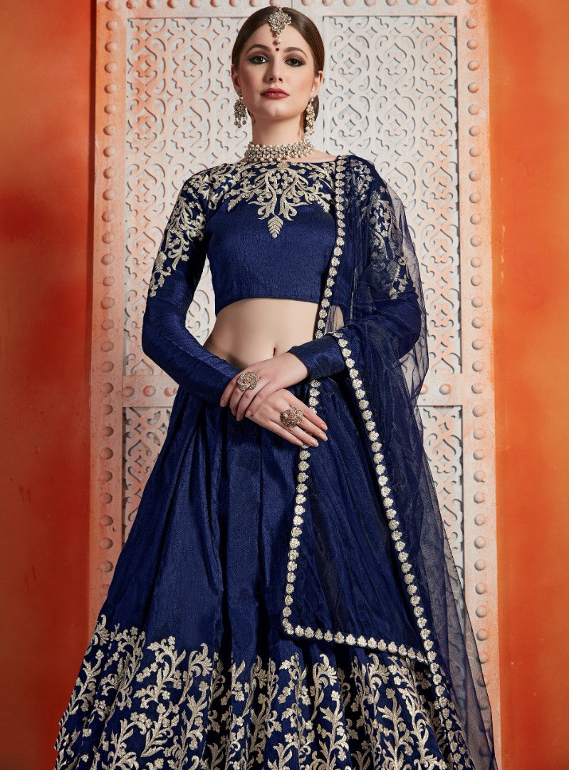 Navy blue art silk zari work bridal lehenga choli