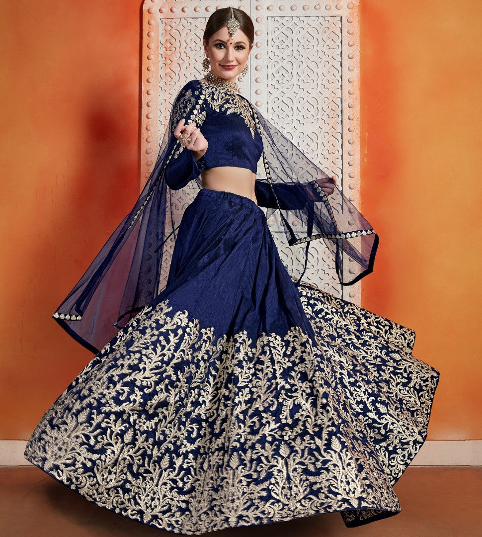 Navy blue art silk zari work bridal lehenga choli