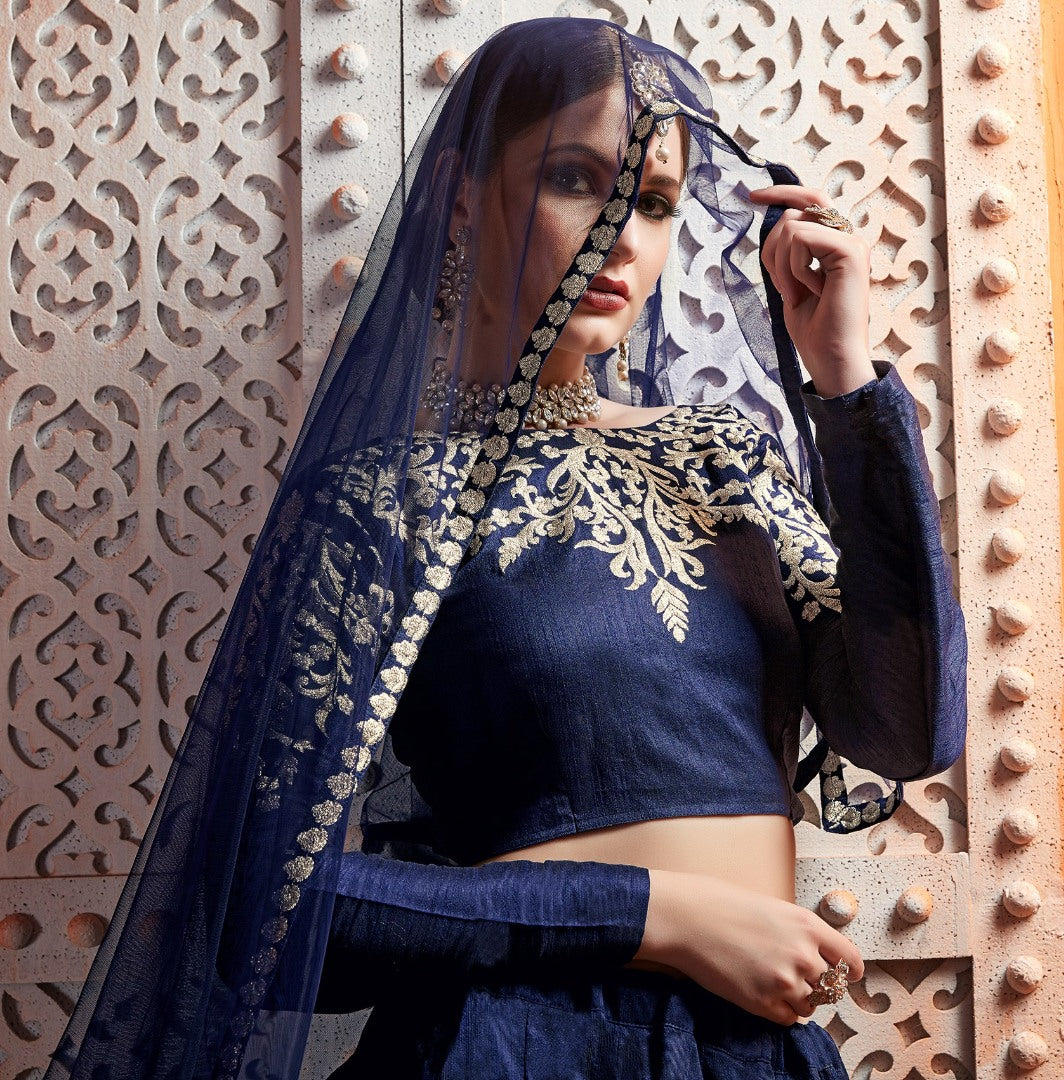 Navy blue art silk zari work bridal lehenga choli