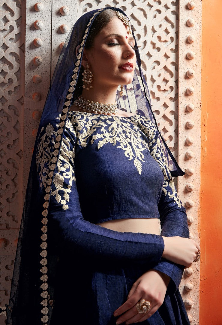 Navy blue art silk zari work bridal lehenga choli