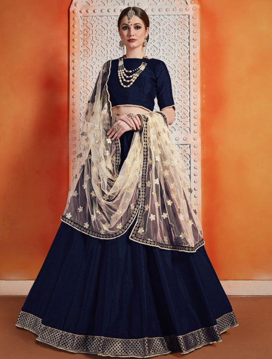 Navy blue art silk zari work ceremonial lehenga choli