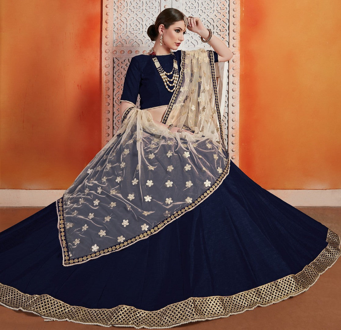 Navy blue art silk zari work ceremonial lehenga choli