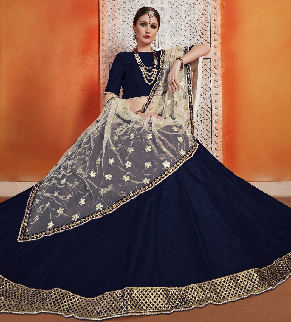 Navy blue art silk zari work ceremonial lehenga choli