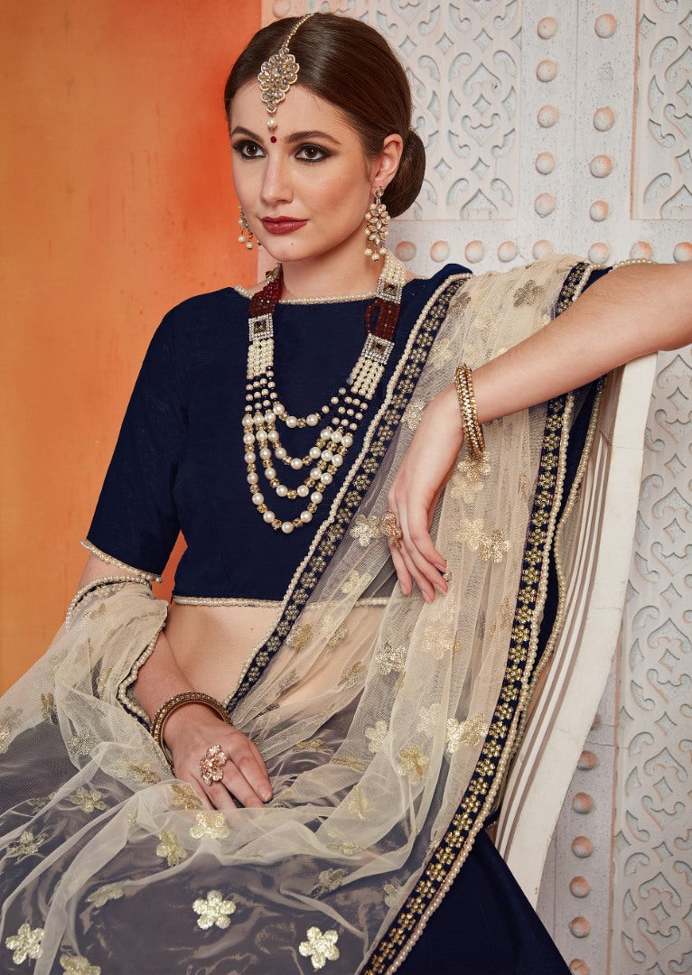 Navy blue art silk zari work ceremonial lehenga choli