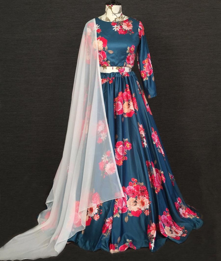 Navy blue baby satin digital floral printed party wear lehenga choli