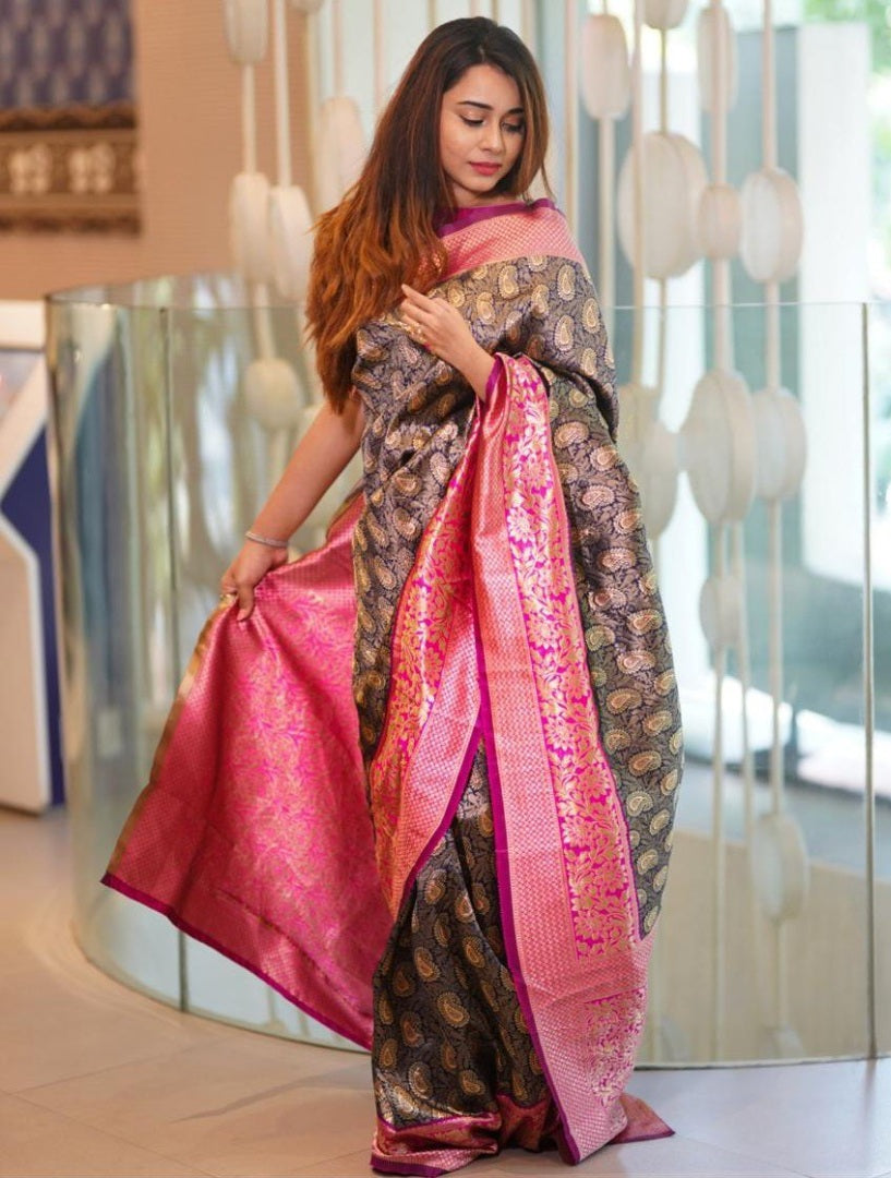 Navy blue banarasi silk jacquard weaving work traditional saree