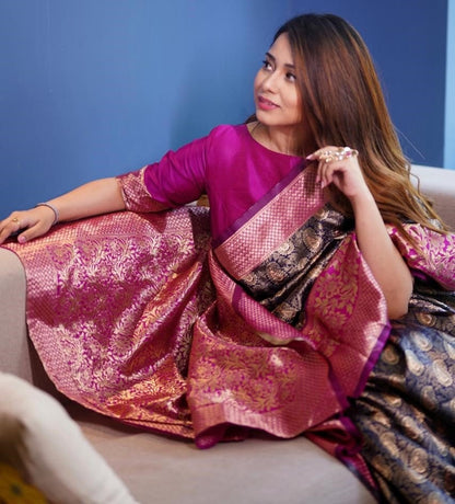 Navy blue banarasi silk jacquard weaving work traditional saree