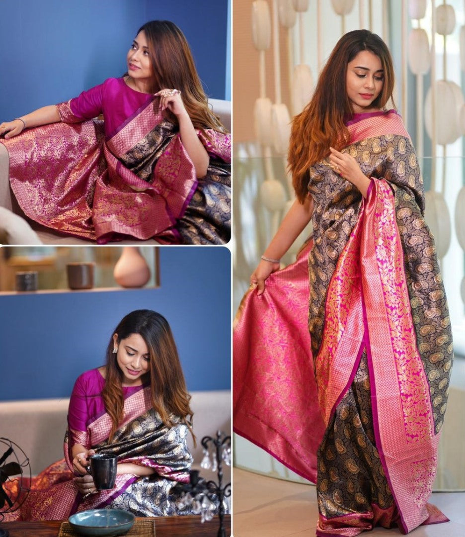 Navy blue banarasi silk jacquard weaving work traditional saree