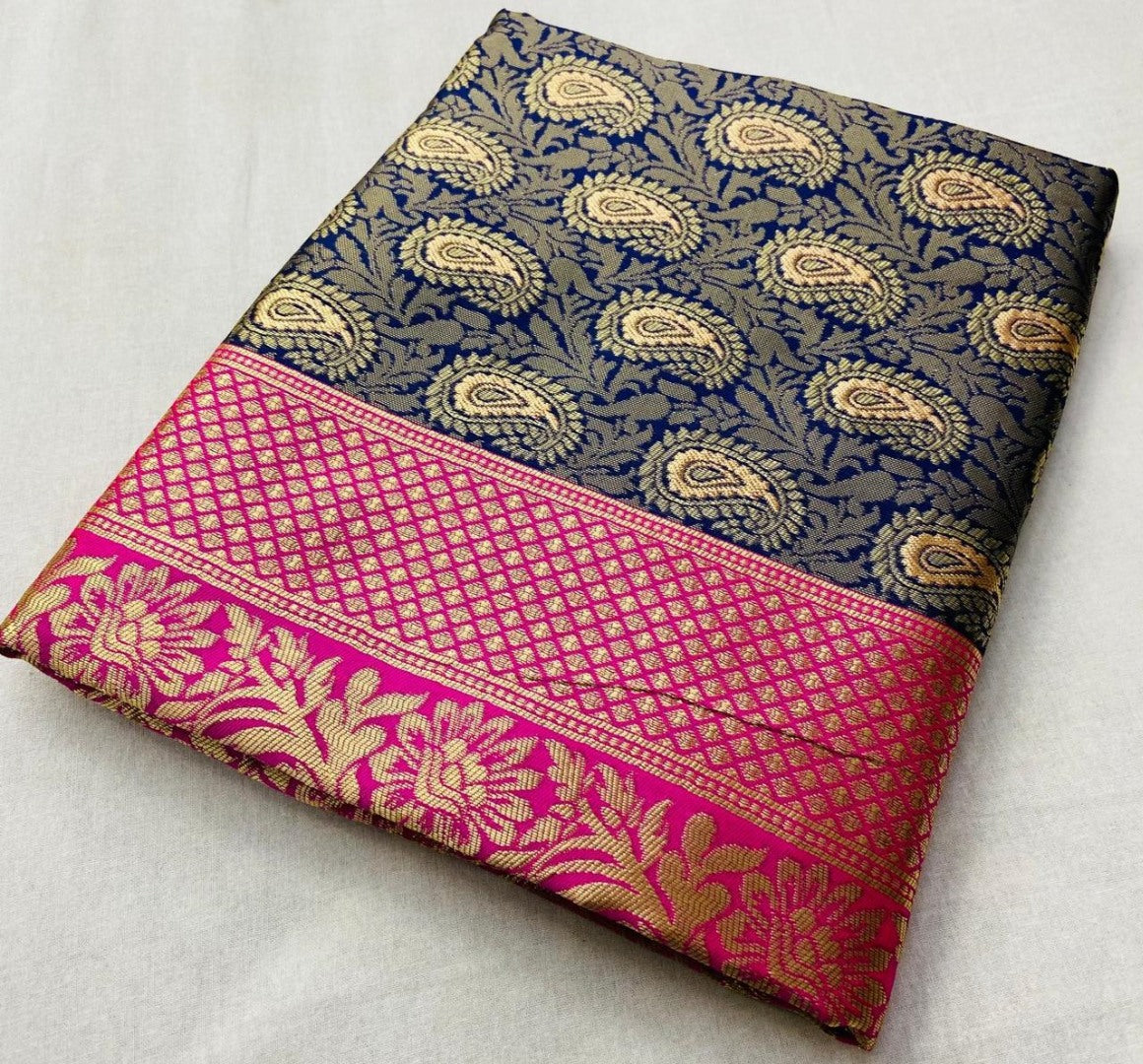 Navy blue banarasi silk jacquard weaving work traditional saree