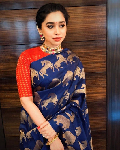 Navy blue banari silk jacqard work saree