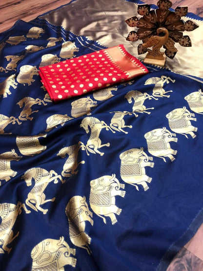 Navy blue banari silk jacqard work saree