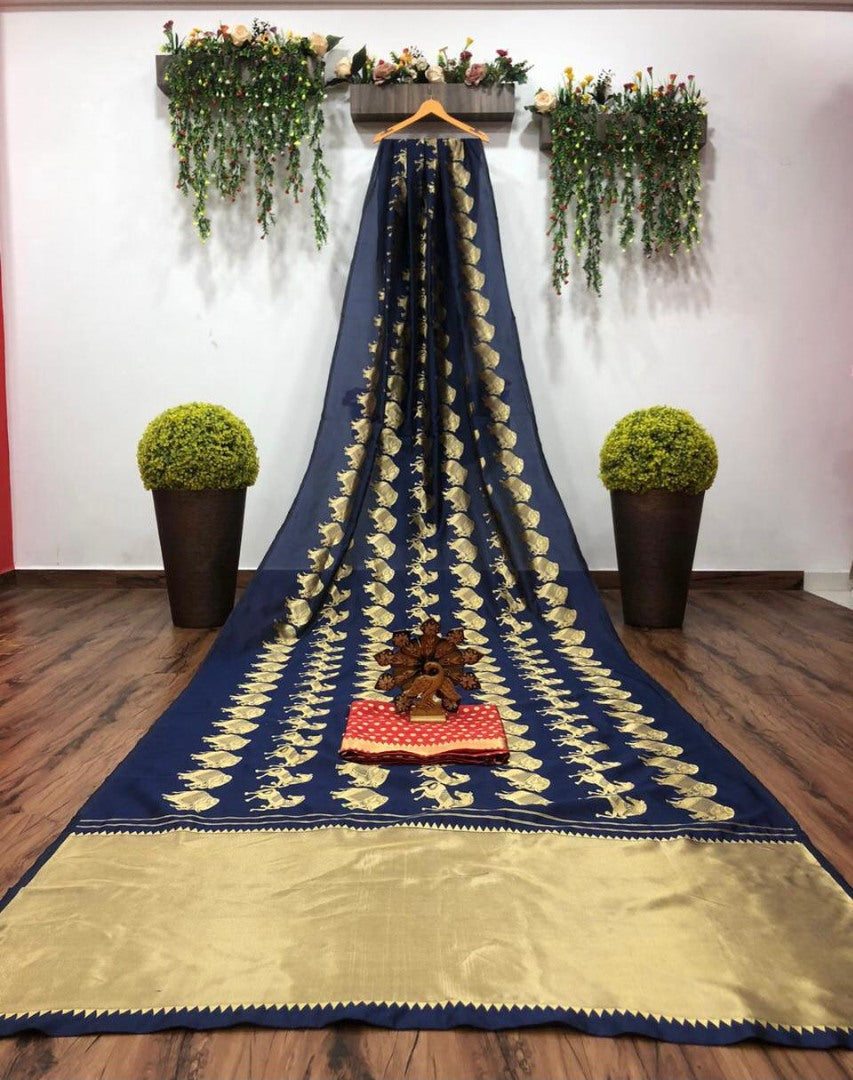 Navy blue banari silk jacqard work saree