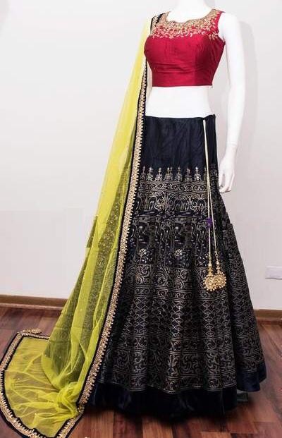 Navy blue banglory satin heavy embroidered wedding lehenga choli
