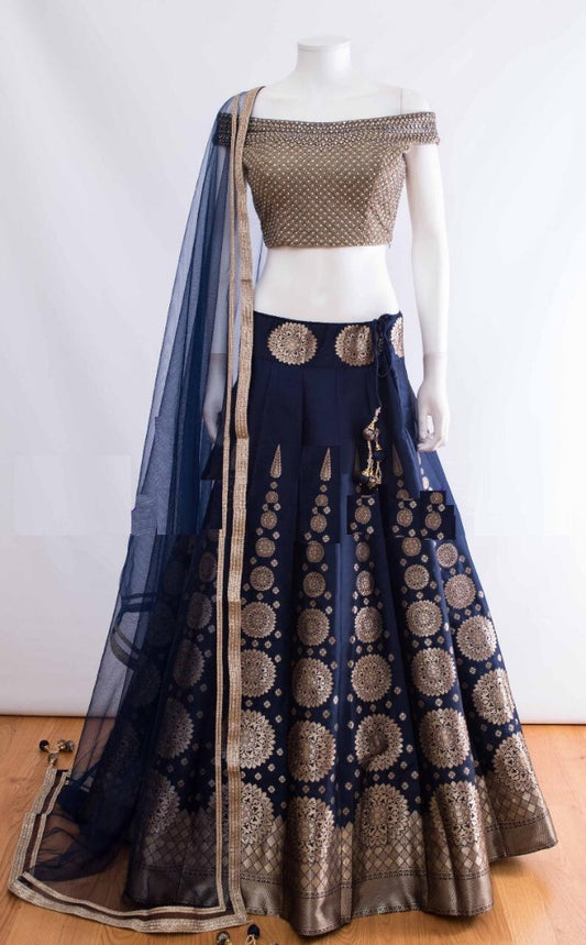 navy blue banglory satin printed lehenga choli