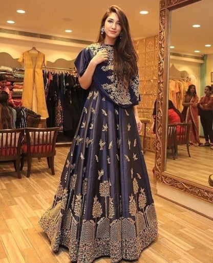 Navy blue banglory satin stylist embroidered wedding function lehenga
