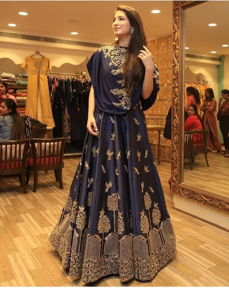 Navy blue banglory satin stylist embroidered wedding function lehenga