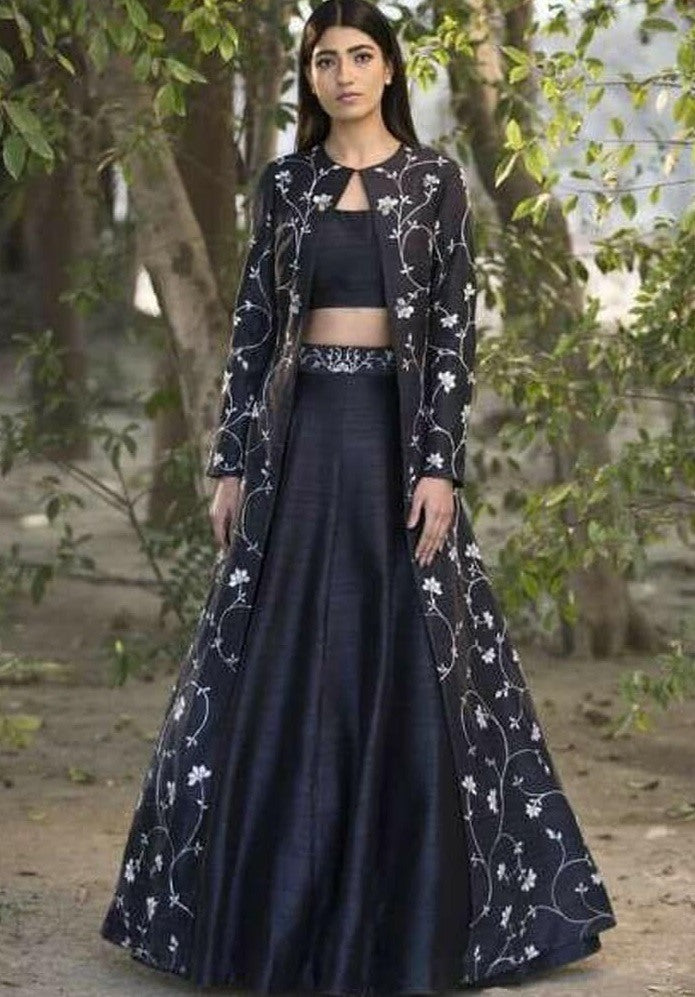 Navy blue banglory silk designer indowestern lehenga with koti