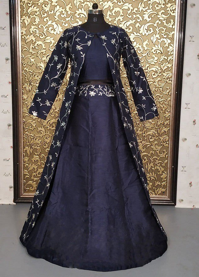 Navy blue banglory silk designer indowestern lehenga with koti