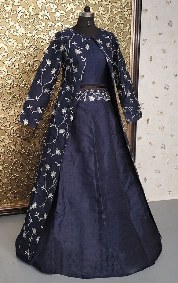 Navy blue banglory silk designer indowestern lehenga with koti