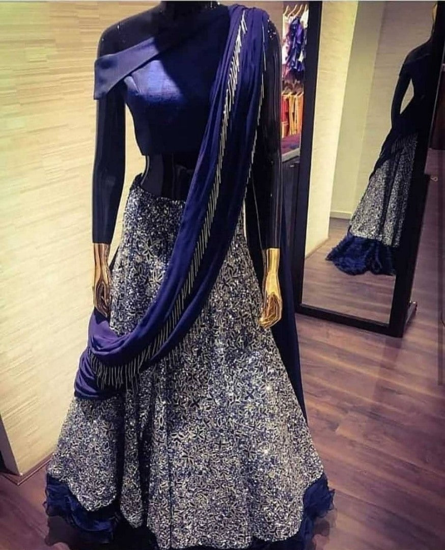 Navy blue banglory silk heavy embroidered ceremonial lehenga choli