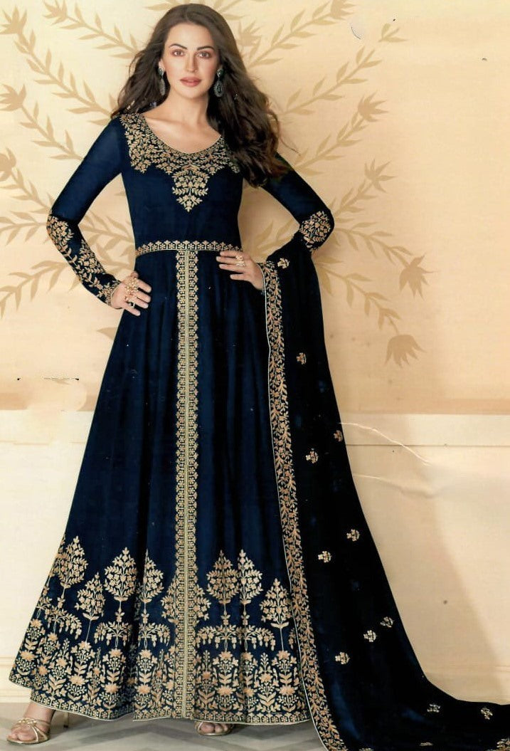 Navy blue bluming georgette chain stich embroidered anarkali gown