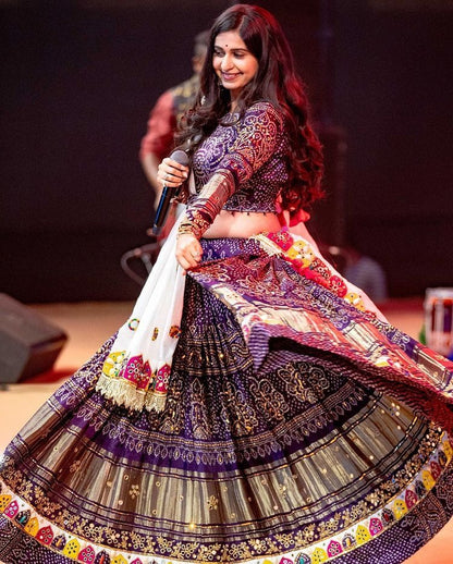 Navy blue butter silk bandhni printed mirror work lehenga choli