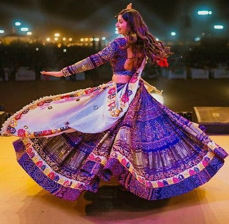 Navy blue butter silk bandhni printed mirror work lehenga choli