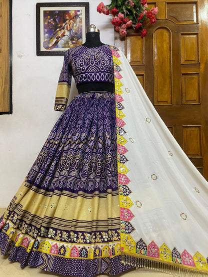 Navy blue butter silk bandhni printed mirror work lehenga choli