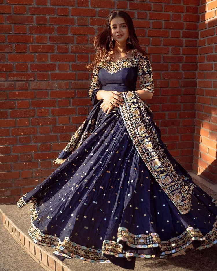Navy blue butter silk heavy embroidered wedding lehenga choli