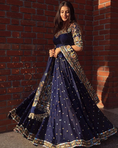 Navy blue butter silk heavy embroidered wedding lehenga choli