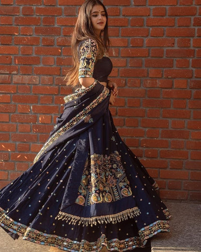 Navy blue butter silk heavy embroidered wedding lehenga choli