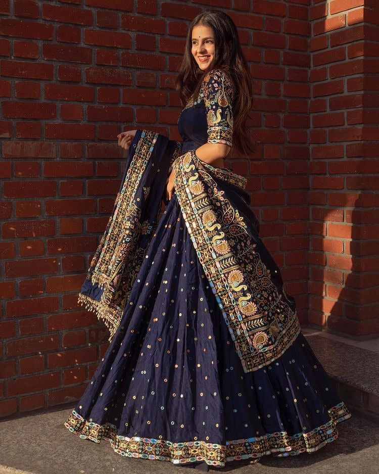 Navy blue butter silk heavy embroidered wedding lehenga choli
