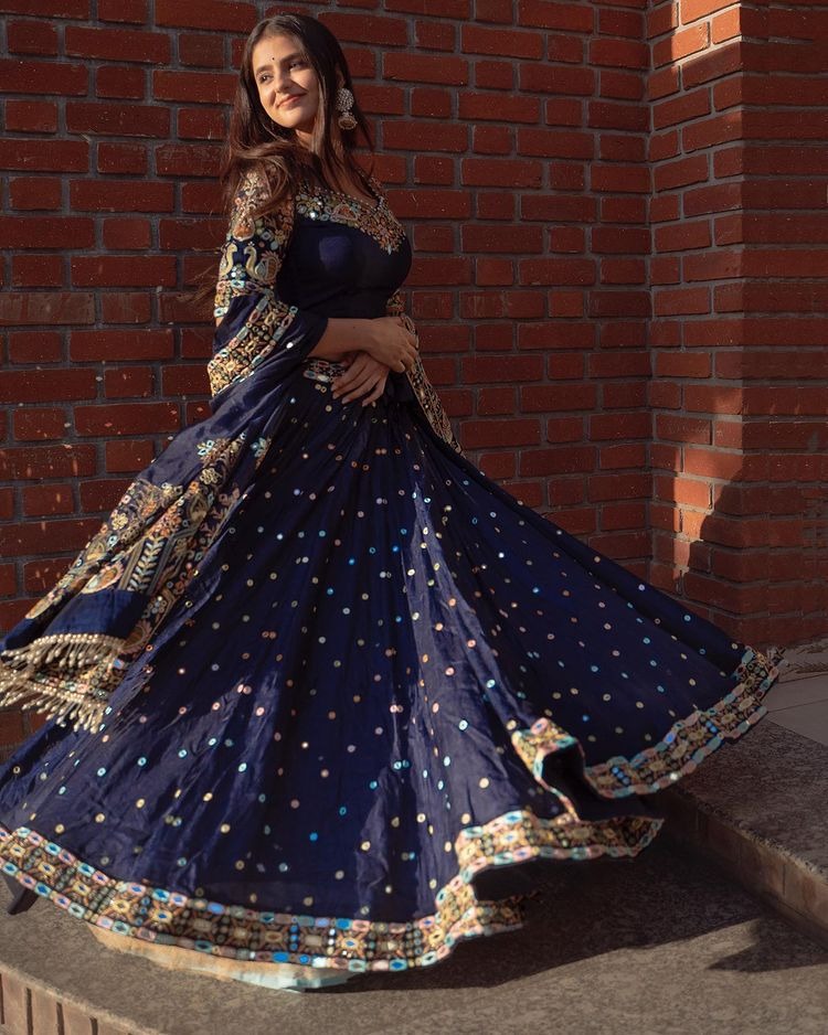 Navy blue butter silk heavy embroidered wedding lehenga choli