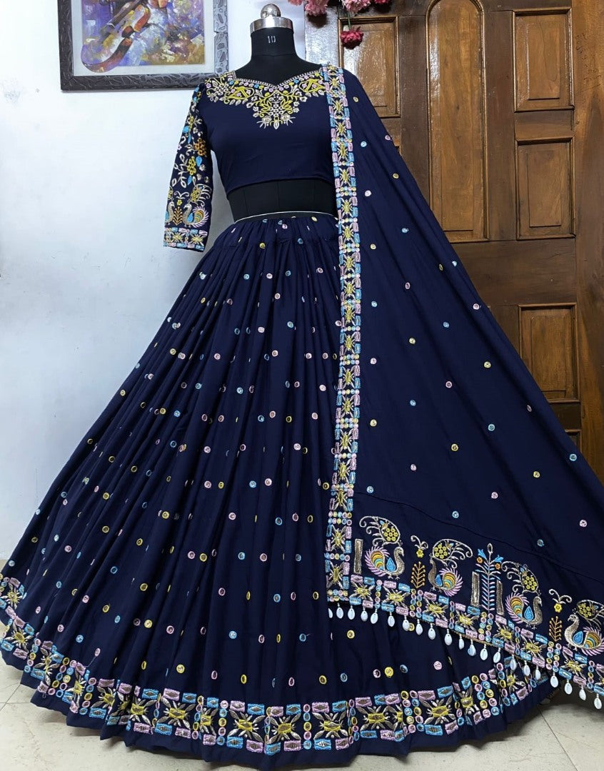 Navy blue butter silk heavy embroidered wedding lehenga choli